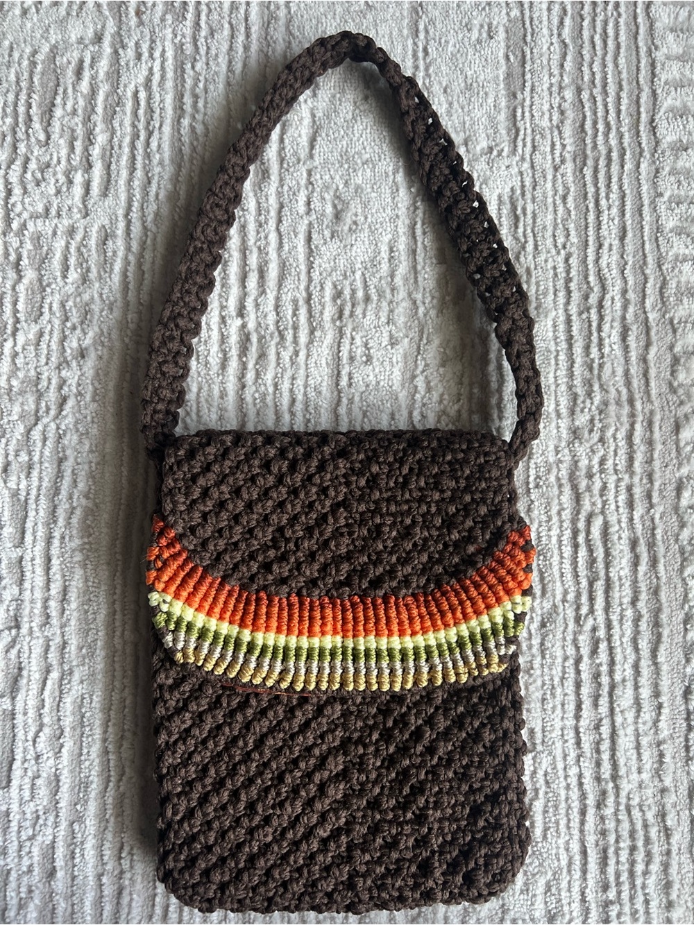 Brown Crochet Crossbody Bag with Orange & Lime Accent